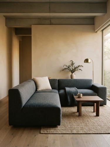 A minimalist architectural living room in soft morning light, a premium L-shape charcoal sofa positioned as the sculptural centerpiece, sand-colored walls, 35mm photography