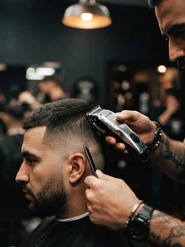 Close-up of a barber using clippers to create a sharp hair fade, moody lighting with warm amber glows, deep charcoal background, shallow depth of field
