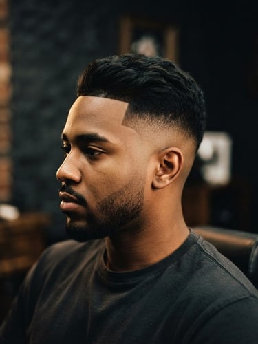 Moody editorial photography of a sharp mid-fade haircut, high-contrast indoor light, warm amber highlights, deep charcoal background, shallow depth of field