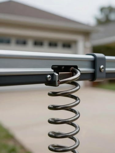 Extreme close-up of a snapped torsion spring on a residential garage door track, natural overcast daylight from the driveway, the coil fracture point sharp in the foreground and the door mechanism visible behind it out of focus