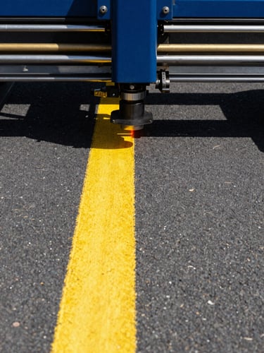 Symmetrical close-up of a laser-guided striping machine painting a crisp, sharp yellow line on dark asphalt under bright midday sun, high contrast.