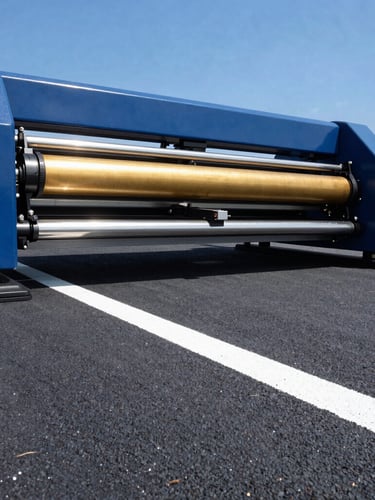 Low-angle action shot of a modern laser-guided striping machine applying a crisp, perfect white line on fresh dark asphalt under bright Florida midday sun.