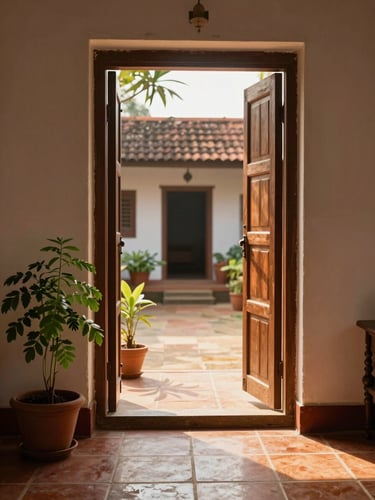 Environmental portrait from inside a Goan home — looking out through an open wooden door onto a sunlit courtyard, potted tulsi plant to the left, warm golden-hour light flooding the threshold, no people visible, terracotta floor tiles in sharp foreground detail