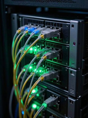 Macro close-up of high-speed server racks and glowing fiber optic cables in a dark data center, electric green and blue ambient light, technical execution.
