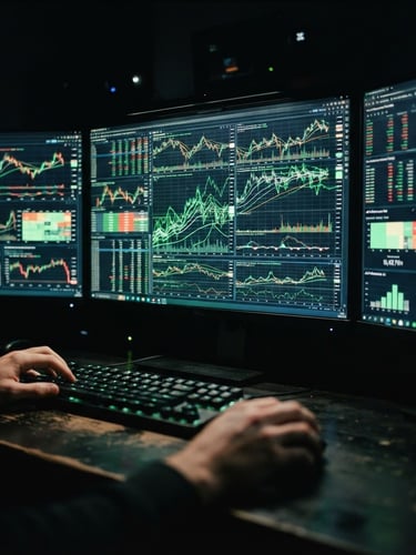 Close-up of a high-tech trading desk in a dark room, glowing multiple monitor setups displaying complex real-time ad manager dashboards with green performance lines, shallow depth of field, 35mm.