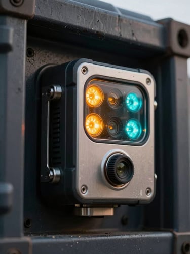 Extreme close-up of a ruggedized AeroChain telemetry sensor mounted inside a dark cargo container, amber and cyan LED status lights glowing, reflecting on metallic housing, sharp technical detail.