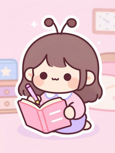 Cute pastel kawaii vector illustration of a blushing cartoon girl-roach writing in a tiny pink diary with a glittery pen, cozy bedroom background, soft lighting