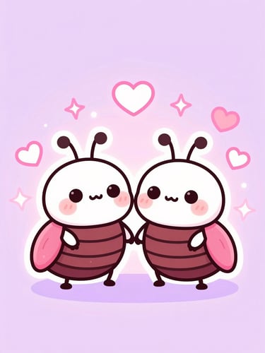 Cute pastel kawaii vector illustration of two adorable big-eyed cartoon roaches holding hands and blushing, soft glowing pink light, floating hearts and sparkles in the background