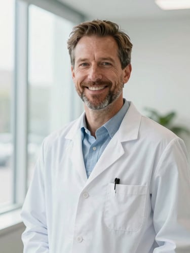 Bright editorial healthcare photography, Dr. Andrew Odle in his Liberty Lake clinic, soft natural window light, environmental portrait of a friendly doctor in a clean modern office, shallow depth of field