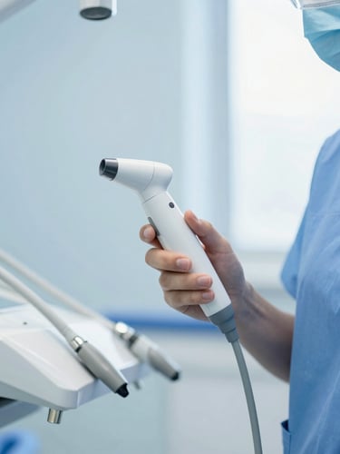 Professional dentist in clean blue scrubs holding a modern digital intraoral scanner, bright daylight, soft blue tones, professional medical photography