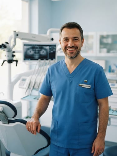 Professional portrait of a Bulgarian male dentist in clean blue medical scrubs, smiling warmly in a bright, modern clinic with digital dental equipment in the soft-focus background, natural daylight, 35mm.