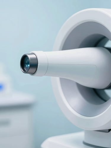 Close-up of a high-tech modern dental 3D scanner in a bright clinic, soft blue background, clean medical photography, shallow depth of field