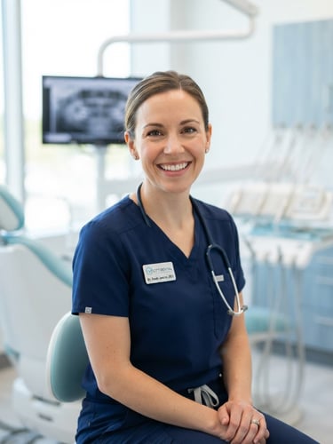 Bright clean clinical portrait of a professional female dentist in blue scrubs smiling warmly, modern dental clinic background, shallow depth of field, 35mm