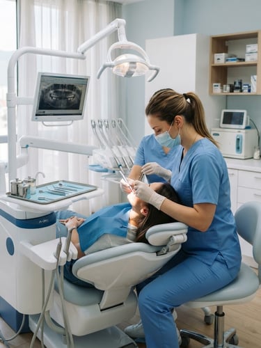 Bright modern dental clinic interior in Sofia, soft blue and white tones, natural daylight, professional clean medical photography