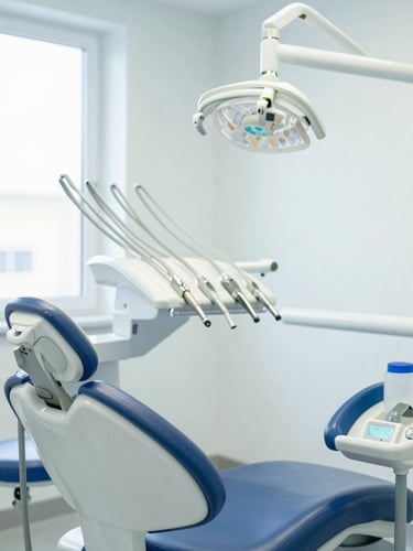Bright clean dental clinic interior with modern equipment, soft daylight, 35mm