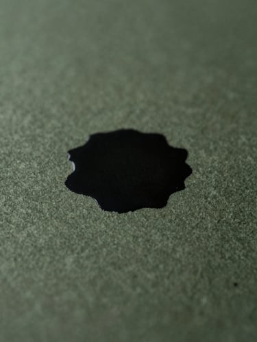 Macro shot of ink drying on textured heavy-weight paper, soft diffused daylight, deep olive and black tones, moody editorial photography, 35mm