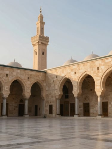 Wide environmental shot of the architectural arches of the Prophet's Mosque in Medina, soft golden morning light filtering through the courtyard, clean lines, peaceful atmosphere.