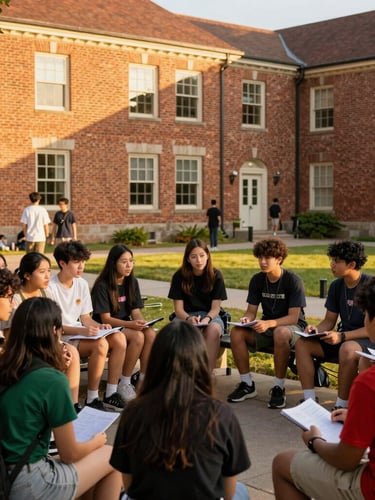 Students gathered in a sunlit historic courtyard of Oakridge Academy, engaged in active discussion, warm golden-hour light, brick architecture, vibrant community, portrait orientation, bleeding to canvas edge.