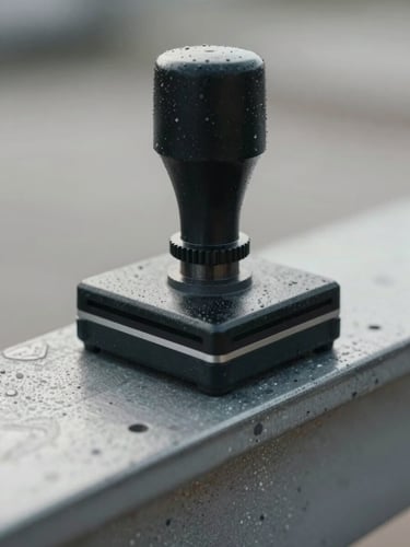 Macro close-up of a technical inspection stamp on architectural steel, sharp overcast daylight, industrial precision