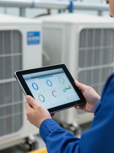 Close-up of a specialized technician in a clean uniform holding a digital tablet displaying technical HVAC diagnostics, industrial chiller pipes in the background, sharp focus, cool blue tones