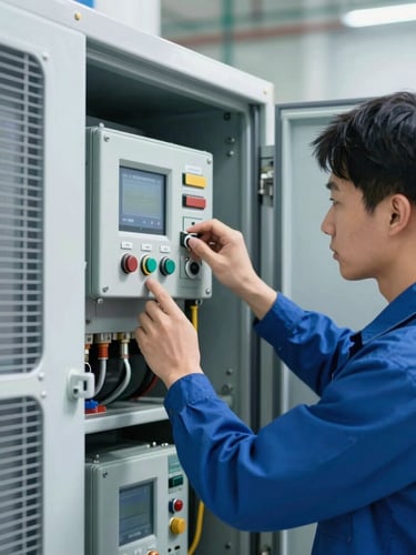 Close-up of a specialized HVAC technician in a clean uniform inspecting a complex industrial chiller control panel, sharp focus, cool blue tones