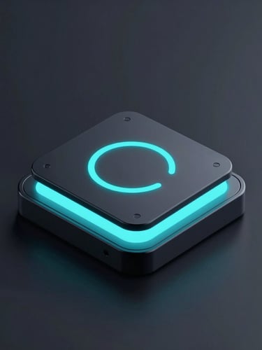 Sleek device mockup displaying a custom dark-mode interface with glowing electric cyan accents on a dark obsidian background, sharp technical details, clean isometric composition