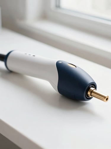 Bright editorial photography, close-up of a high-tech laser handpiece resting on a pristine white surface, soft golden light, clean luxury aesthetic.