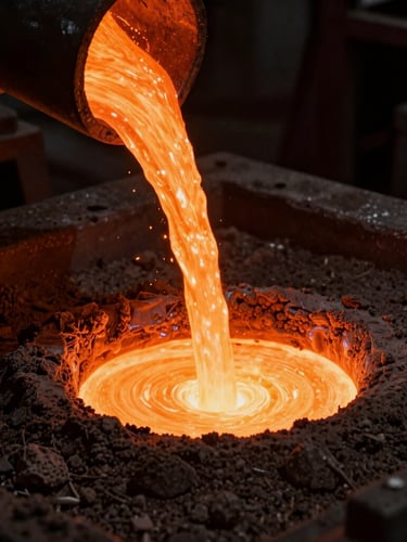 Macro shot of glowing molten iron pouring into a raw sand mold, deep charcoal shadows contrasting with intense warm orange heat, industrial foundry setting, 35mm.