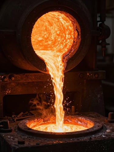 Dramatic industrial close-up of molten orange iron pouring from a traditional furnace, deep charcoal background, high contrast, 35mm.