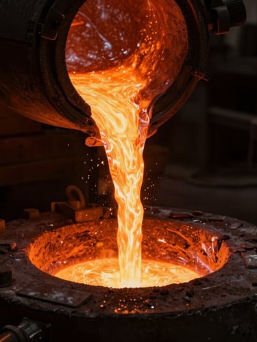 Molten iron pouring into a traditional sand mold in a dark foundry, glowing orange light, high contrast