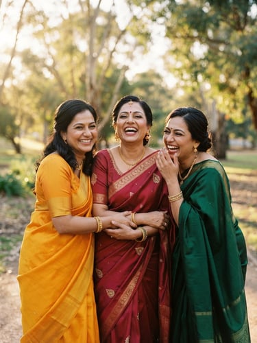 Warm editorial portrait of three South Asian women laughing together in Albury, draped in elegant silk sarees of deep crimson and marigold, golden-hour sunlight filtering through trees, shallow depth of field, 35mm film style