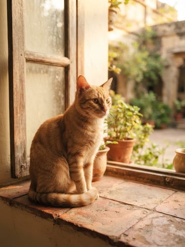 A beautiful native Indian ginger indie cat sitting gracefully on a sunlit terracotta tiled window sill, warm golden-hour light