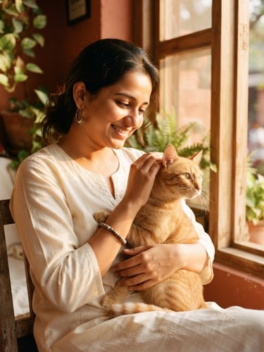 Warm editorial photography of a friendly volunteer holding a healthy native Indian ginger cat near a sunlit window, soft golden-hour light, rich terracotta tones, shallow depth of field, 35mm