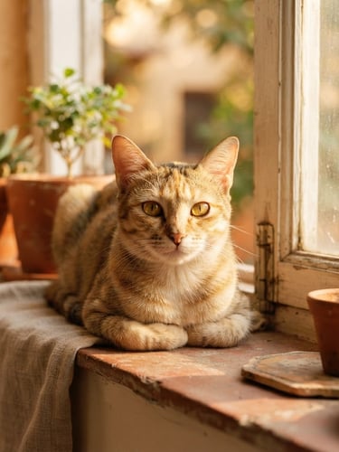 A beautiful Indian Indie cat with golden eyes sitting in a warm sunlit window, soft golden-hour light, terracotta tones, shallow depth of field, 35mm photography