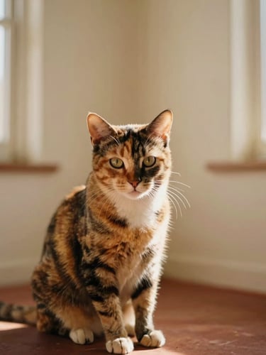 A warm editorial portrait of a volunteer gently cradling a healthy tortoiseshell desi cat in a sunlit cream-walled room, soft focus on the cat's content expression, 35mm