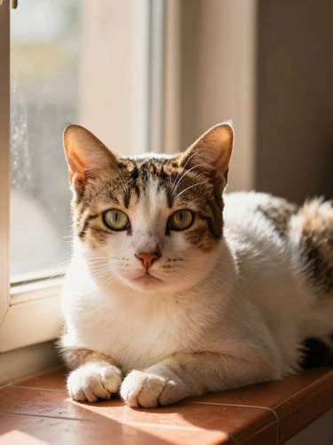 Close-up of a healthy, beautiful Indian Indie cat resting on a warm terracotta tiled windowsill, soft golden sunlight streaming through the window, shallow depth of field, 35mm.