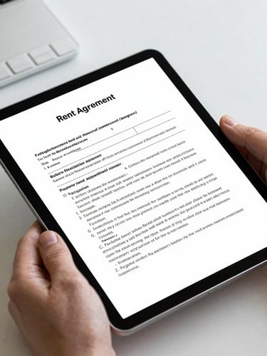 Close-up of a tablet screen displaying a rent agreement form in progress, hands resting at the edge of the screen, clean desk surface under north-facing office light, document text clearly legible, no faces