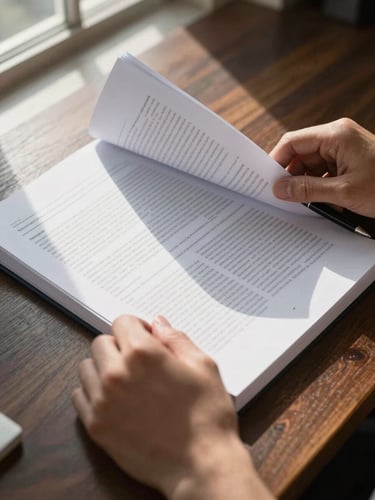 Close-up of a pair of hands turning the page of a dense financial document on a dark wooden desk, natural window light falling diagonally across the paper, pen resting at the edge, no faces visible, honest shadows