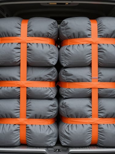 Tight geometric close-up of a perfectly packed transport van interior, heavy-duty grey moving blankets secured with bright orange tension straps in a precise grid layout.
