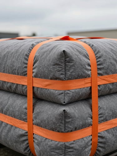 Tight geometric close-up of heavy-duty moving blankets wrapped around designer furniture, secured perfectly with orange tension straps, crisp overcast daylight.