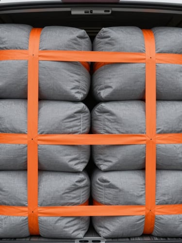 Tight geometric close-up of a neatly packed transit van interior, heavy-duty grey moving blankets wrapped around designer furniture and secured with bright orange tension straps in a perfect grid, crisp overcast daylight.