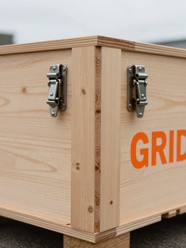Tight geometric close-up of a custom timber crate edge, heavy-duty metal latches, industrial safety orange stencil lettering reading GRID, crisp overcast light.