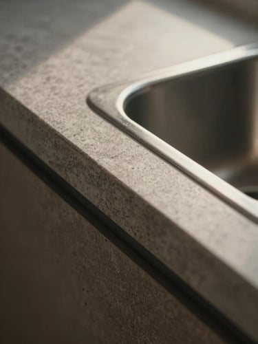 Extreme close-up of a stone countertop edge meeting a recessed stainless steel sink rim, north-facing natural light raking across the material surface revealing grain and texture, tight architectural framing with shallow depth of field, no hands, no props — pure material joinery study in warm graphite tones