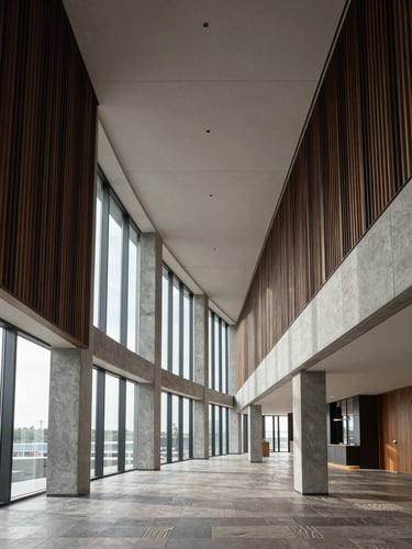 Wide environmental shot of a completed high-end office interior, shot from low angle emphasizing ceiling plane and long sightlines, empty of people, north-facing natural daylight flooding through floor-to-ceiling glazing, matte concrete columns and dark-toned joinery in sharp architectural focus, graphite and warm stone material palette, no furniture styling