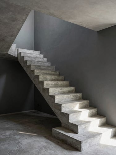 Wide-angle low shot looking up a finished concrete staircase in a renovated luxury apartment, north-facing natural light raking across the raw concrete surface, the geometric turn of the handrail sharp against a dark graphite wall, no furniture, no people, room empty post-completion