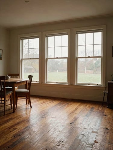 Warm interior of a modest living room, natural daylight streaming through tall windows onto worn hardwood floors, a small wooden dining table with chairs visible in the background, honest and lived-in, no staging