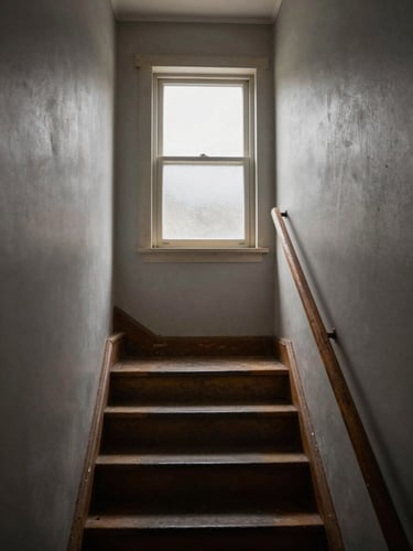 Documentary interior: a narrow staircase in a modest home, natural daylight entering from a frosted window on the landing, worn wooden handrail, warm gray walls, unpretentious and lived-in, shot from the base looking up