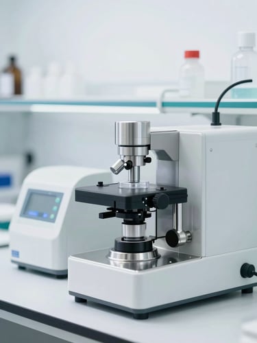Macro shot of a clean laboratory environment, pristine stainless steel equipment, bright high-key lighting, sterile but premium, 85mm