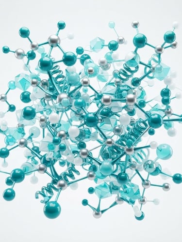 Bright high-key abstract molecular 3D render, medical teal accents, clean white background, crisp studio light, 85mm