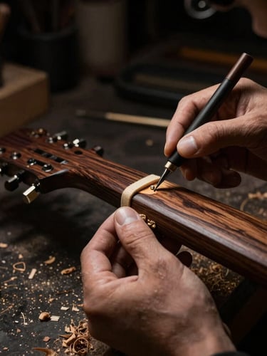 Hands of a master luthier carving a guitar neck in a dark workshop, dramatic side glare highlighting wood shavings and textures, low-key lighting